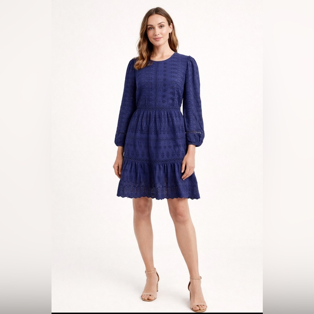 J Crew A Line Dress 10 Tall Navy Blue Eyelet Puff Long Sleeve Cotton Washable